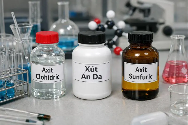 Từ trái sang phải: axit clohidric, xút ăn da, axit sunfuric.