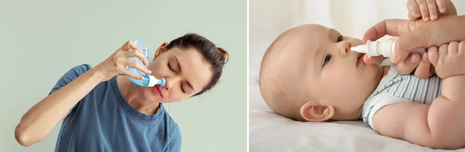 Cách rửa mũi đúng cách cho người lớn, trẻ nhỏ (trái) và bé sơ sinh (phải)